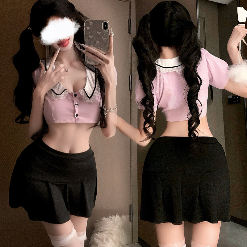 GJapanese Lolita Lace Lingerie School Student Uniform Role Play Costume Cute Mini Skirt Tight Blouse