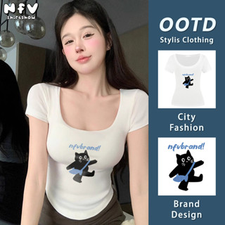 NFV แฟชั่นเกาหลีสไตล์ สั้น💖เซ็กซี่ สาวแซ่บ เสื้อยืดคอยู ชุดห…