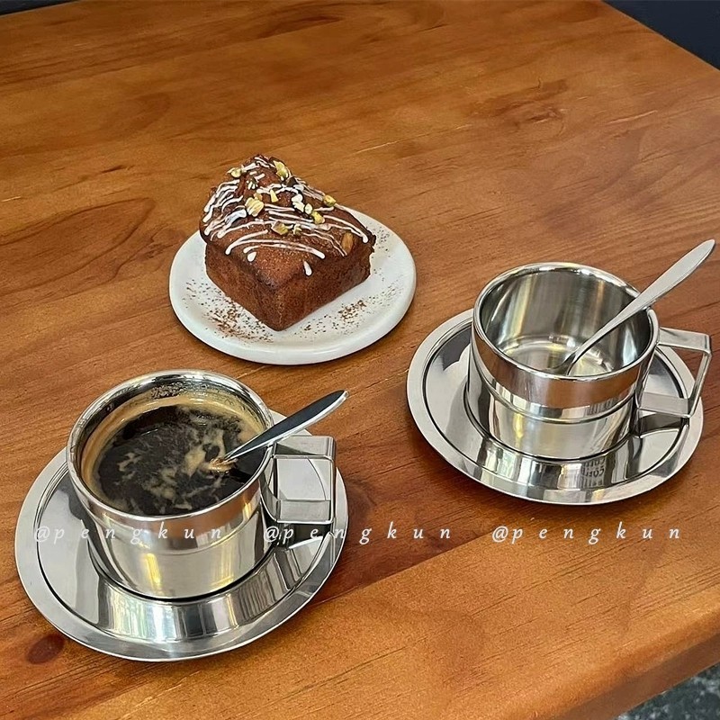 Niche ins สไตล์ถ้วยกาแฟสแตนเลสน้ําชายามบ่ายเย็นอเมริกันลาเต้ถ้วยกาแฟจานรองชุด Retro ประณีต ราคา ถูกที่สุด ดีลบีเคเค แกลเลอรีภาพที่ 4