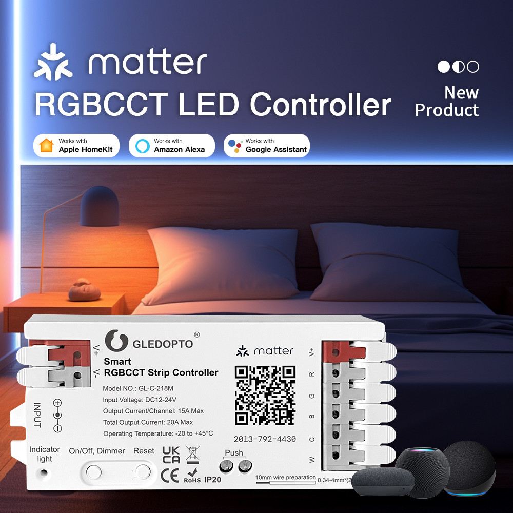 Gledopto Matter มาเตอร์ ควบคุม LED สตริป แอนะล็อก RGBCCT รองรับการควบคุมผ่านแอปพลิเคชันและเสียง รองรับ RGBW RGB ทำงานร่วมกับ Apple Homekit Google และ Amazon Echo LED Strip Controller