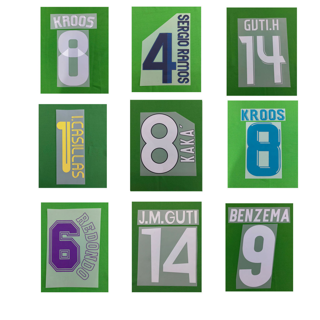 Retro Nameset 9 Benzema Nameset Marcelo Beckham Raul Sergio Ramos Kaka Sponsor Patch โอนความร้อนป้ายฟุตบอล