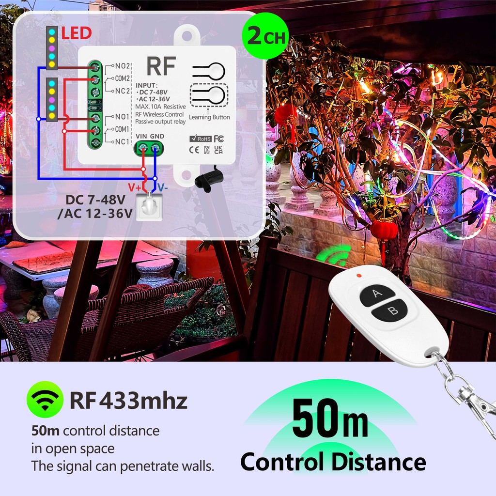 สวิตช์ควบคุมระยะไกลไร้สาย 2 ช่อง RF 433 MHz, รีเลย์ DC 7V 12V 24V 48V, AC 12V 24V 36V สำหรับมอเตอร์ ไฟ และประตูโรงรถ - รูปที่ 2