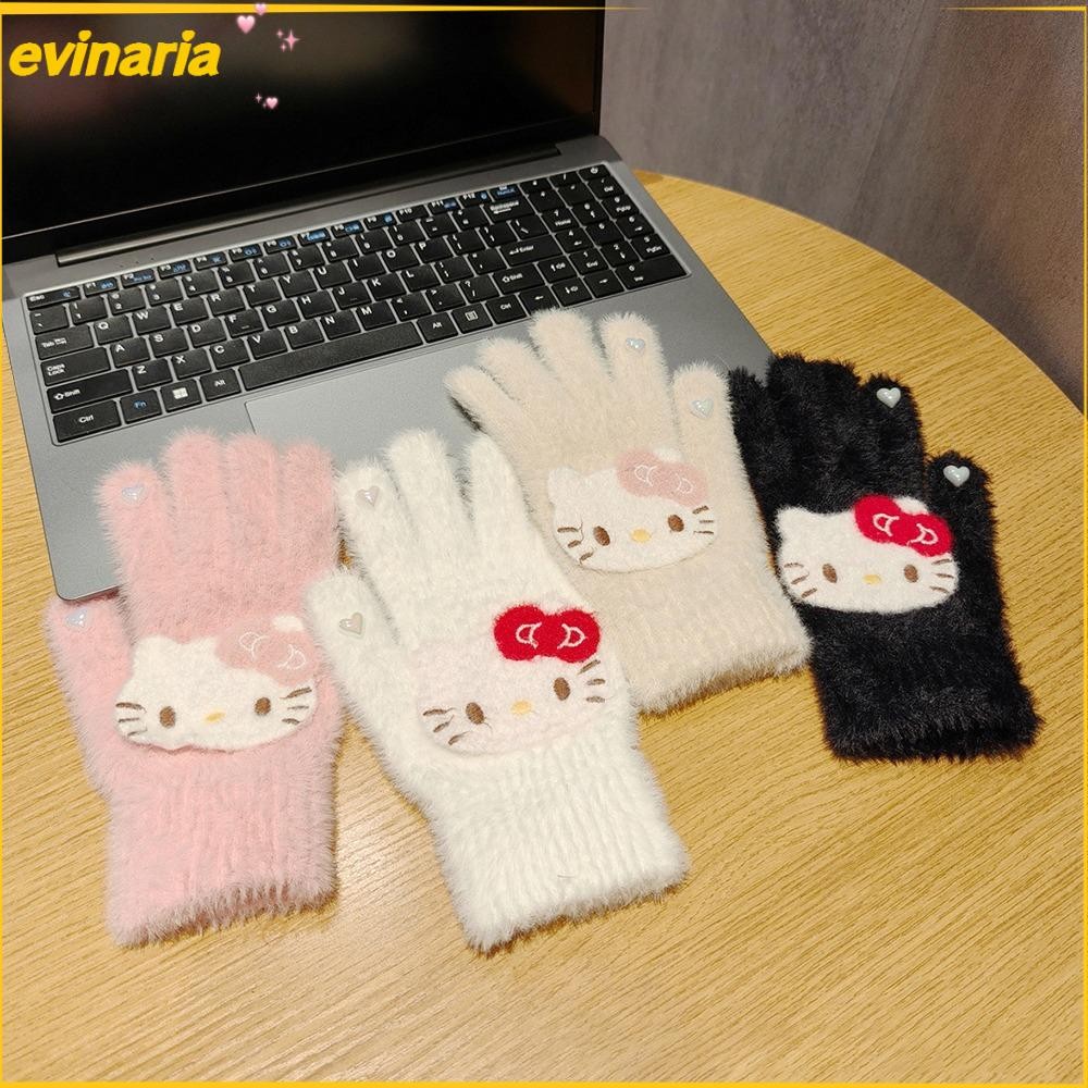 Evinaria ถุงมือฤดูหนาว,หนา Y2K ห้านิ้วถุงมือ,แฟชั่น Hello Kitty Windproof Cold Proof Warm Mittens ผู้หญิง