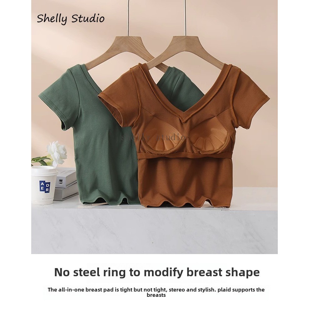 เสื้อยืดคอวีสีขาวแขนสั้นคอกลมขนาดใหญ่รวมถ้วยเสื้อครึ่งแขนด้านใน จุดต่ําสุด เสื้อด้านบน - รูปที่ 6