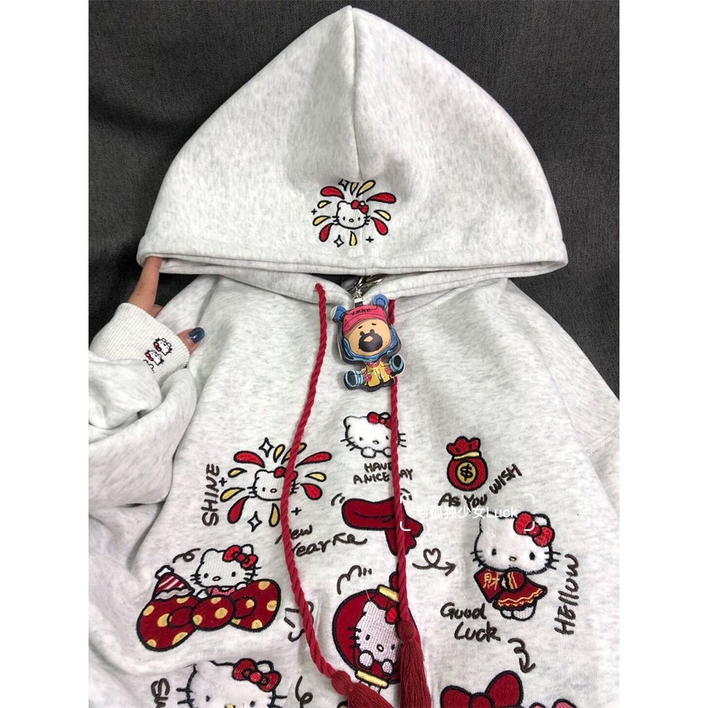 ผู้หญิง Kitty เย็บปักถักร้อย Hoodies หวานหลวมสบายๆ Pullovers