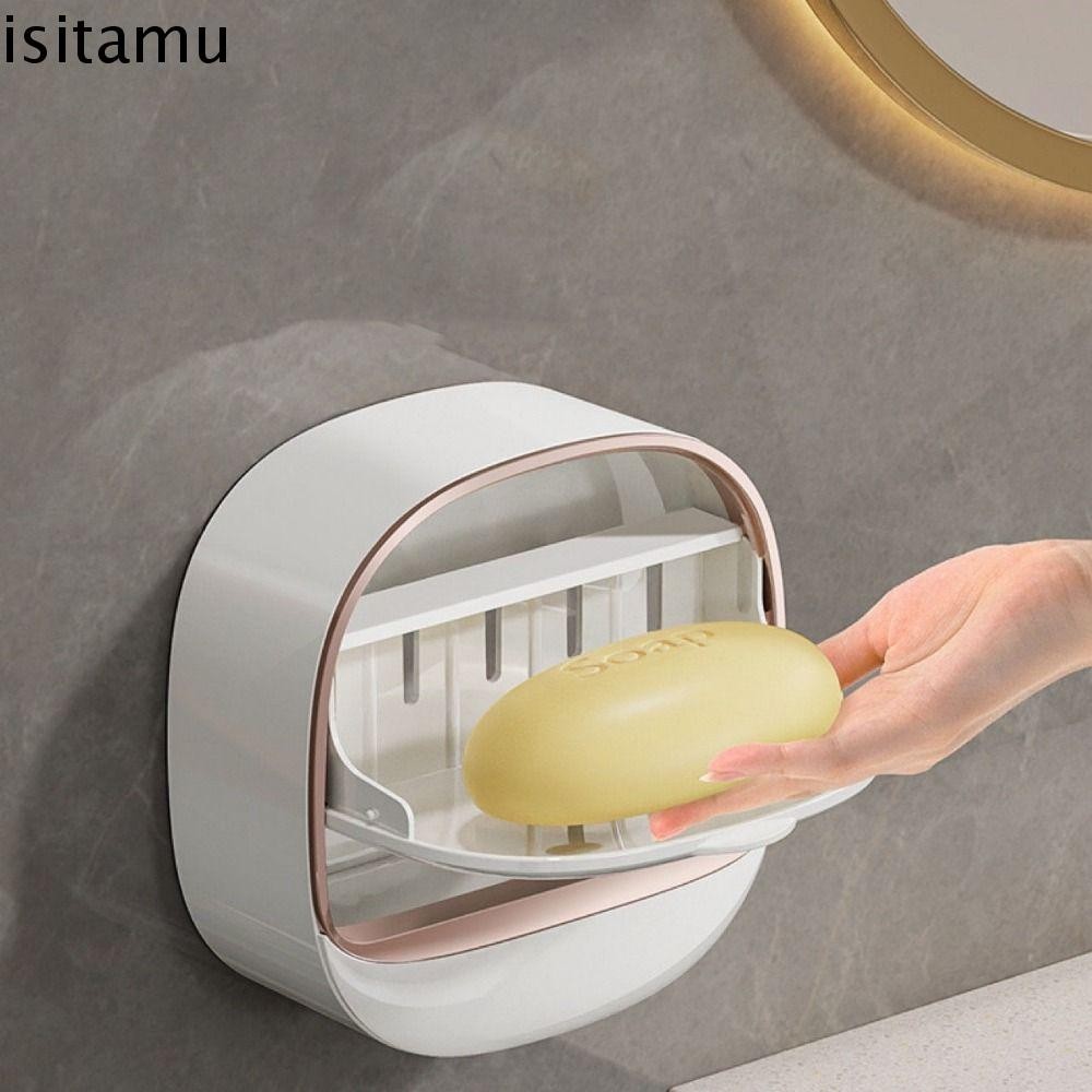 กล่องสบู่ท่อระบายน้ํา ISITAFT, พร้อมฝาปิดจานสบู่แบบไม่มีหมัด, ที่วางสบู่ติดผนัง Flip-Top กันน้ําชั้นเก็บของ