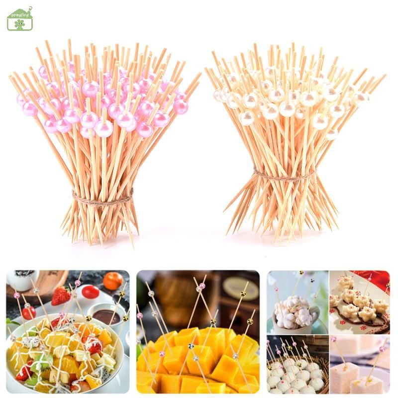 Gong 100 ชิ้น Pearl Cocktail Picks ไม้จิ้มฟันไม้ Skewer ส้อมขนมขบเคี้ยวผลไม้ th