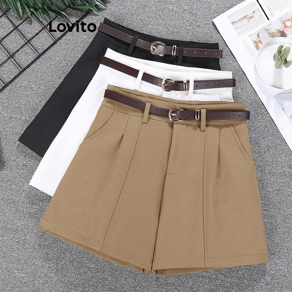 Lovito กางเกงขาสั้นผู้หญิง มีซิป สีพื้น สไตล์ลำลอง LNL72135