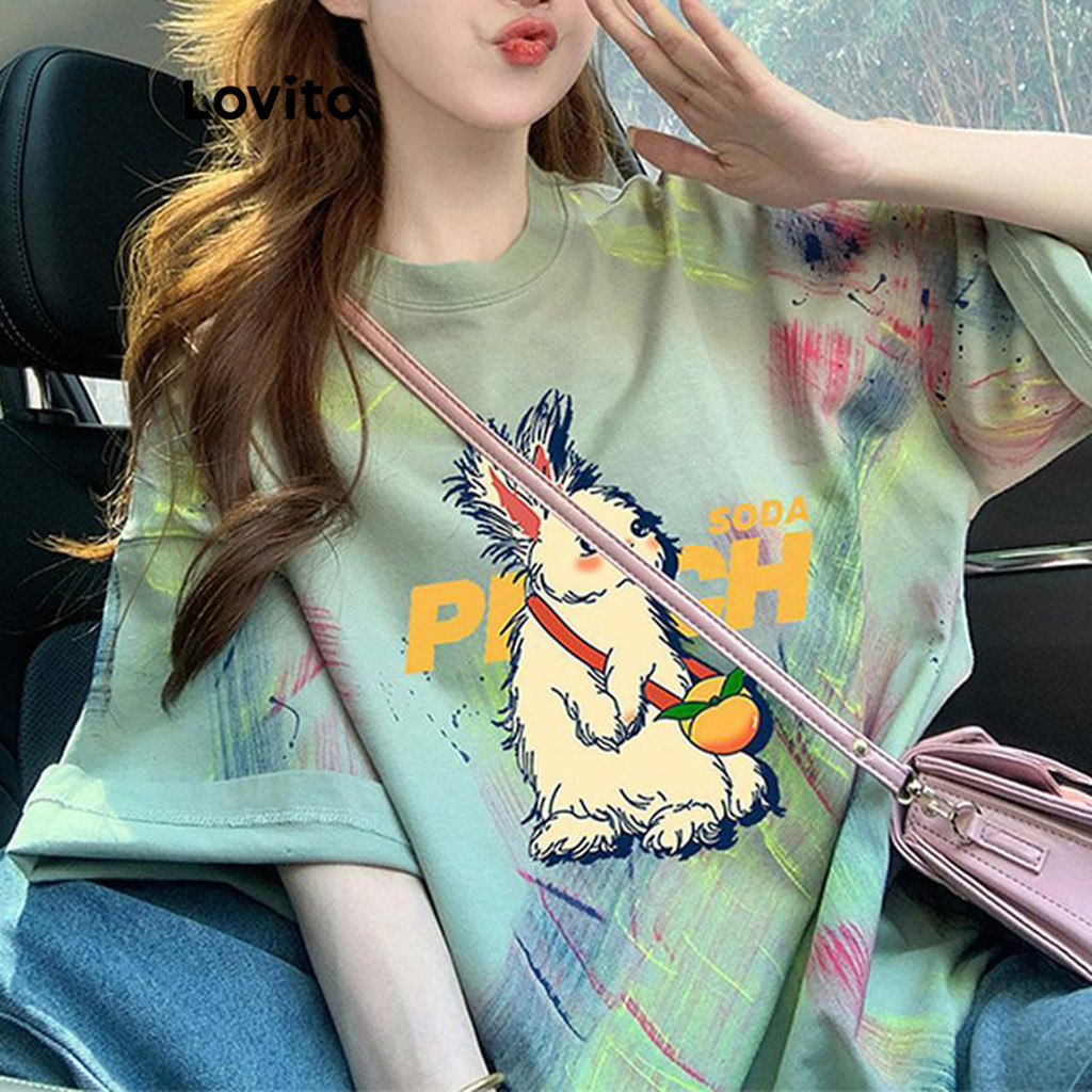 Lovito เสื้อยืดผู้หญิง สีพื้น แบบพิมพ์ลาย สไตล์ลำลอง LNA68363