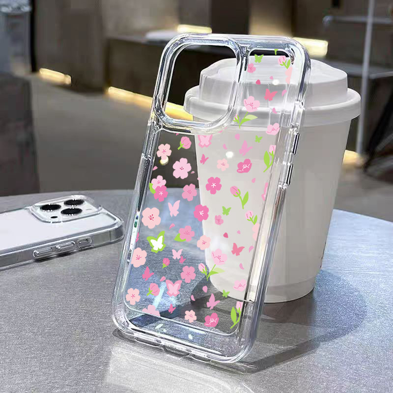 ส่งจากไทย ปุ่มชุบไฟฟ้า TPU นิ่มกันกระแทกเคสโทรศัพท์ for iPhone11 12 13 14 15ProMax XR XS X 7 8P ดอกไม้ผีเสื้อ
