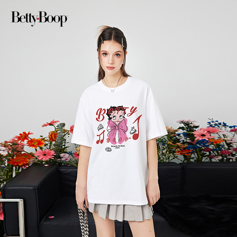 Betty BOOP BETTY เสื้อยืดแขนสั้น Summer Bow พิมพ์ลายการ์ตูนคอกลมผ้าฝ้ายแท้