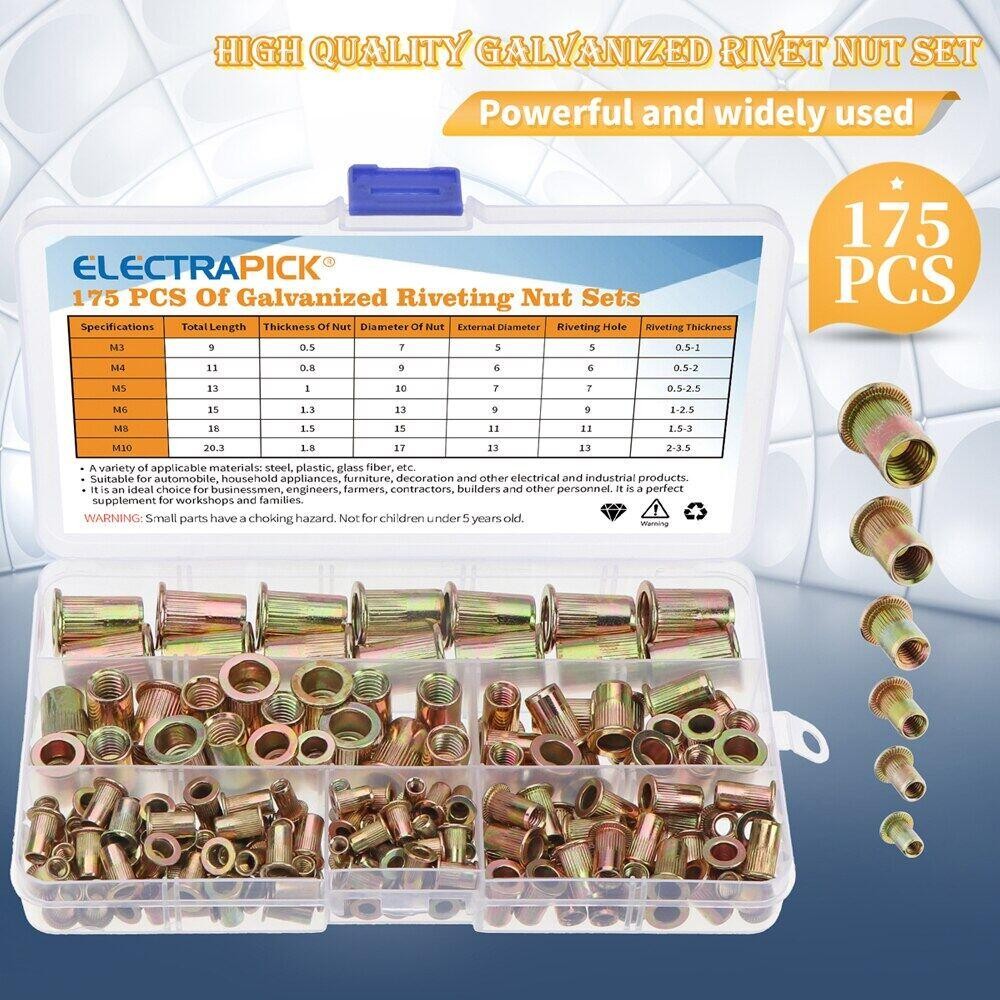 175 pcs เหล็กคาร์บอน Rivet Nuts M3 M4 M6 M8 M10 Rivetnuts แบนหัว Rivet Nuts ชุด Riveting Nuts ใส่ชุด