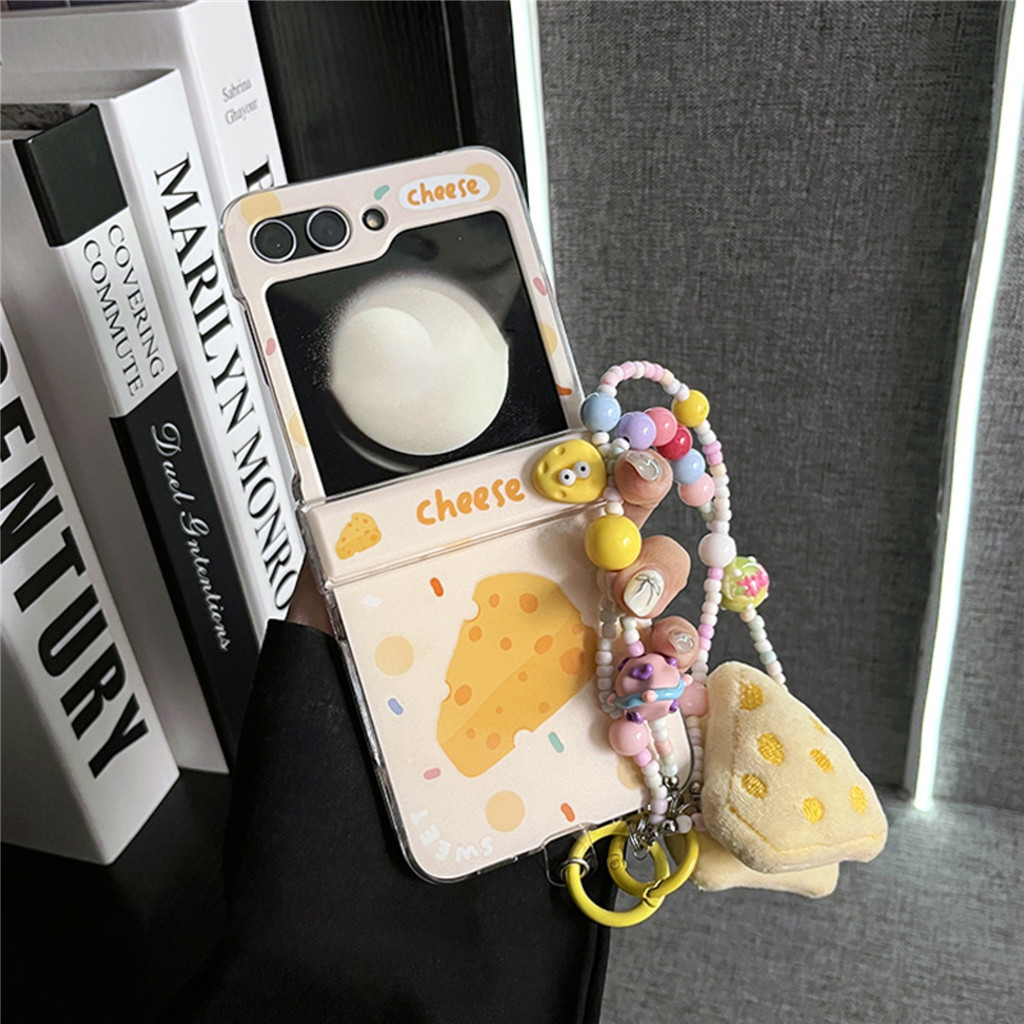เกาหลีน่ารักชีสเคสโทรศัพท์ชีส Pendent สร้อยข้อมือสําหรับ Samsung Galaxy Z Flip 5 6 Z Flip6 ZFlip 5 Zflip6 Zflip5 Flip4 Flip3 กันกระแทกปกหลังmanha