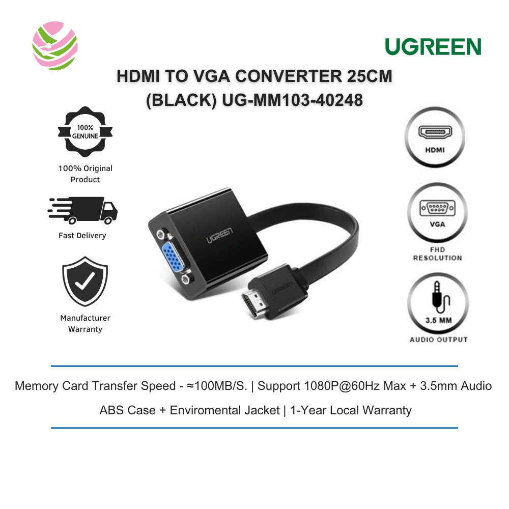 UGREEN HDMI TO VGA+3.5MM AUDIO 25CM CONVERTER (สีดํา) UG-MM103-40248