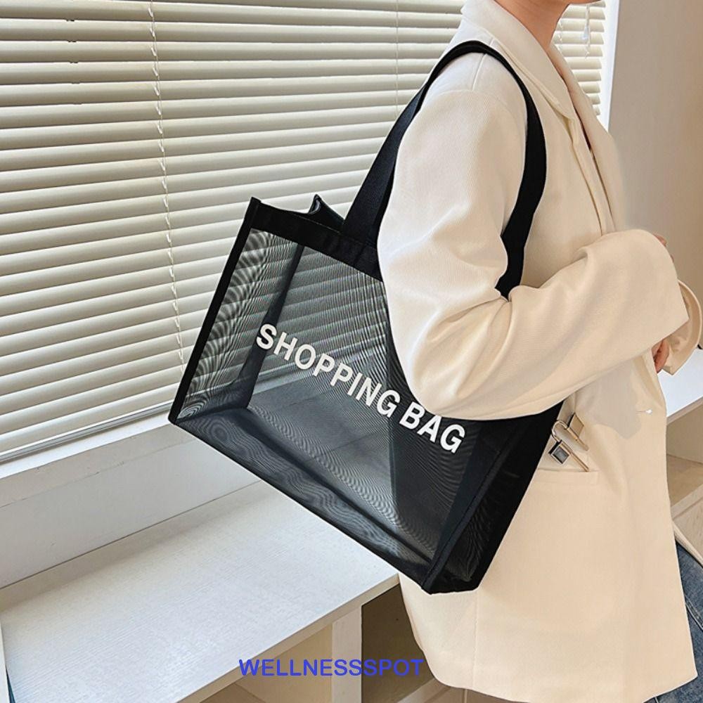 Wellnessspot โปร่งใสตาข่ายช้อปปิ้งกระเป๋า,ไหล่เดี่ยวสีดําขนาดใหญ่ความจุ Tote Bag, Casual Nylon Hasp Crossbody Bag Travel Storage Bag Lady