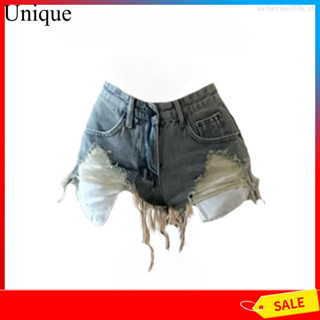 【COD】กางเกงยีนขาสั้น ขากว้าง เอวสูง แต่งรอยขาด เซ็กซี่ สไตล์…