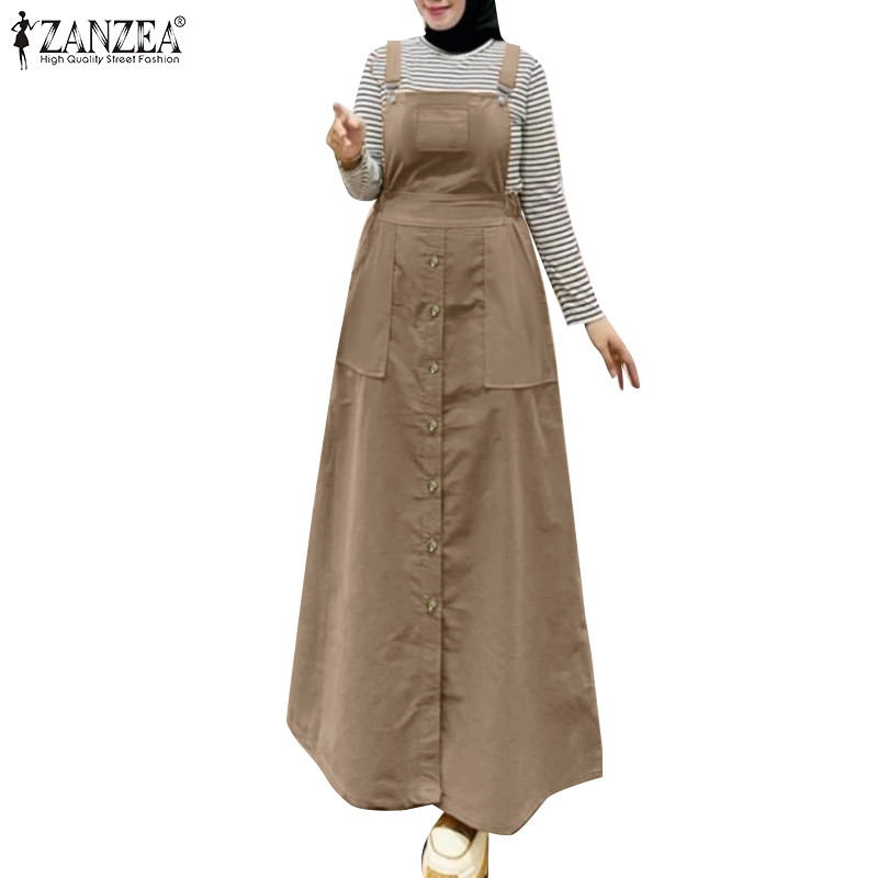 ZANZEA ใส่ ซานเซีย ผู้หญิงมุสลิมแฟชั่นวันหยุดสบายๆกระเป๋าชุดเดรสสายเดี่ยว