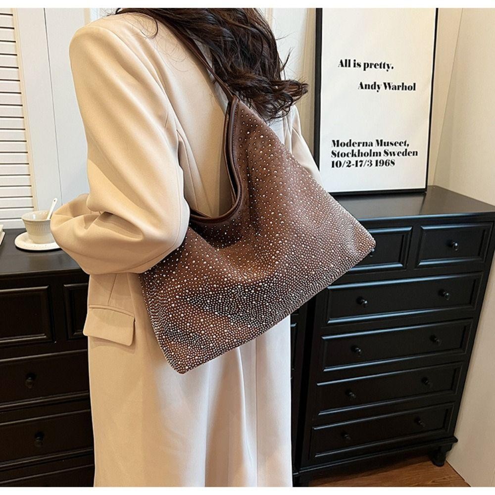 Trendyzone กระเป๋าสะพายไหล่, กระเป๋าถือ Rhinestone เงาความจุขนาดใหญ่, กระเป๋าโท้ตหนังกลับมีซิปสีทึบแฟชั่น