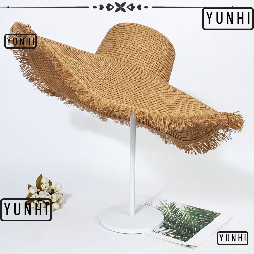 Yunhi หมวกกันแดดฤดูร้อน, หมวกฟางฟลอปปี้ทอมือแบบพับได้, โบฮีเมียนสีทึบขอบใหญ่กันแดดหมวกชายหาดสําหรับเดินทาง