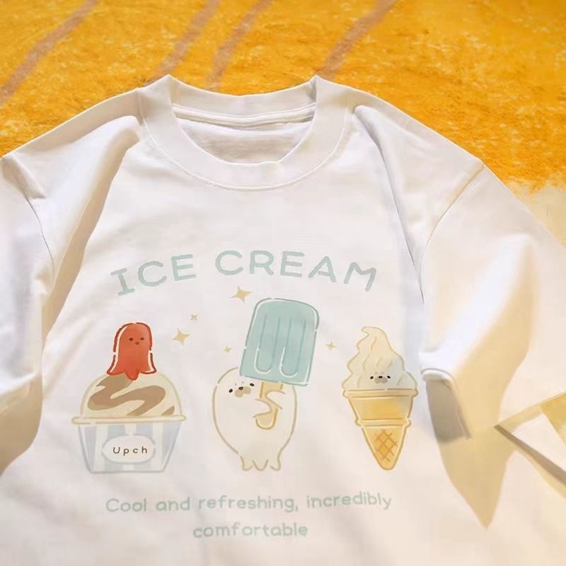 【จัดส่งจากไทย】เสื้อยืดพิมพ์ลายการ์ตูนเชอร์รี่ไอศกรีมอเมริกัน แขนสั้น คอกลม ผ้าเนื้อนุ่ม สวมใส่สบาย