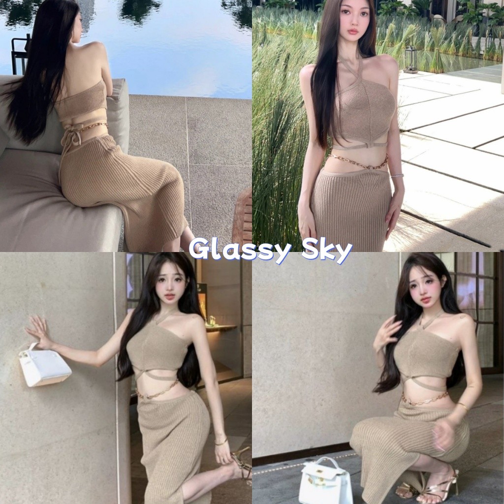 Glassy Sky💖พร้อมส่ง💖ชุดเซ็ต เสื้อสายเดี่ยว+กระโปรงไหมพรม ดีเทลผ้าร่องสีกากี เรียบหรู (M1366+M1367）