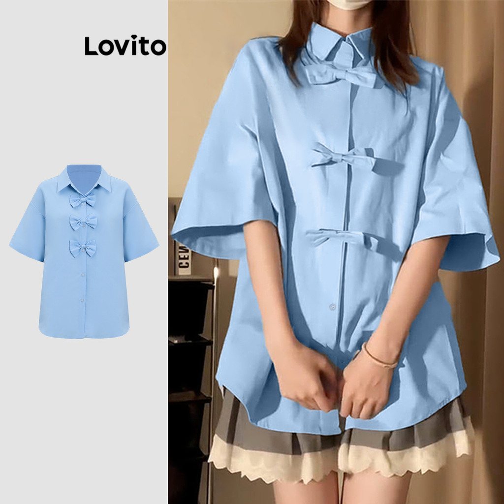 Lovito เสื้อเบลาส์ผูกโบว์ด้านหน้าสุดน่ารักสำหรับผู้หญิง L122AD012