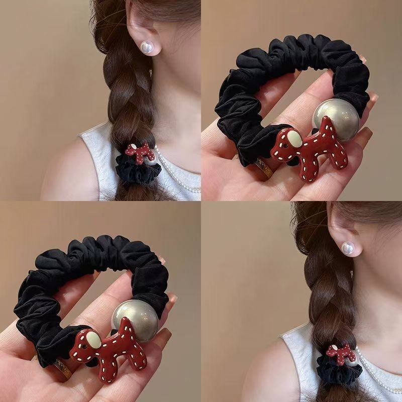 scrunchie ลายการ์ตูนสุนัข สไตล์แฟชั่นสีดำ แบบ.Simple All-Match