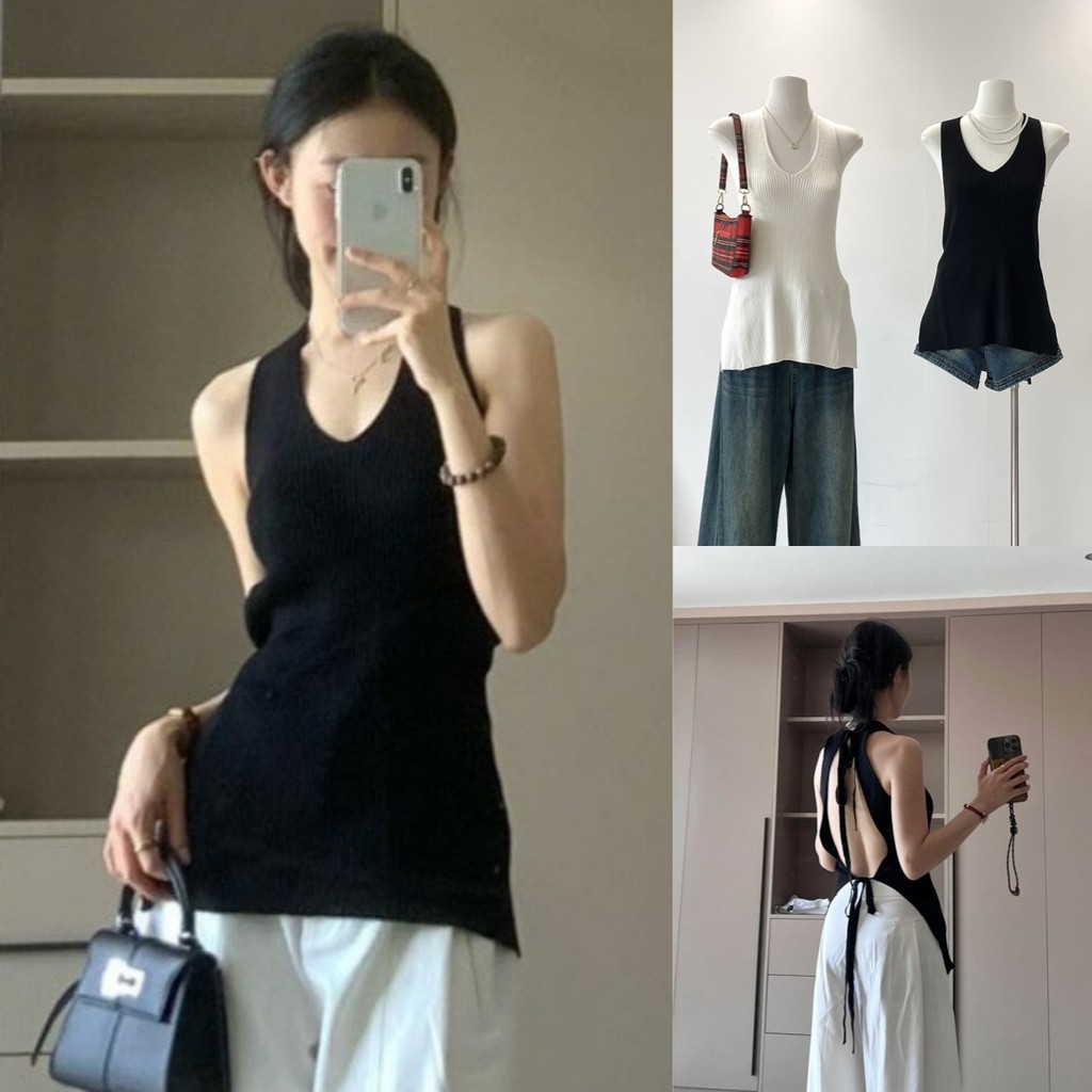 🍐​เสื้อแขนกุด สีพื้น โชว์หลัง ดีเทลผูกเว้าหลัง เซ็กซี่เบาๆ เสื้อกล้ามไหมพรม ผู้หญิง น่ารักมากๆ จัดส่งทันที