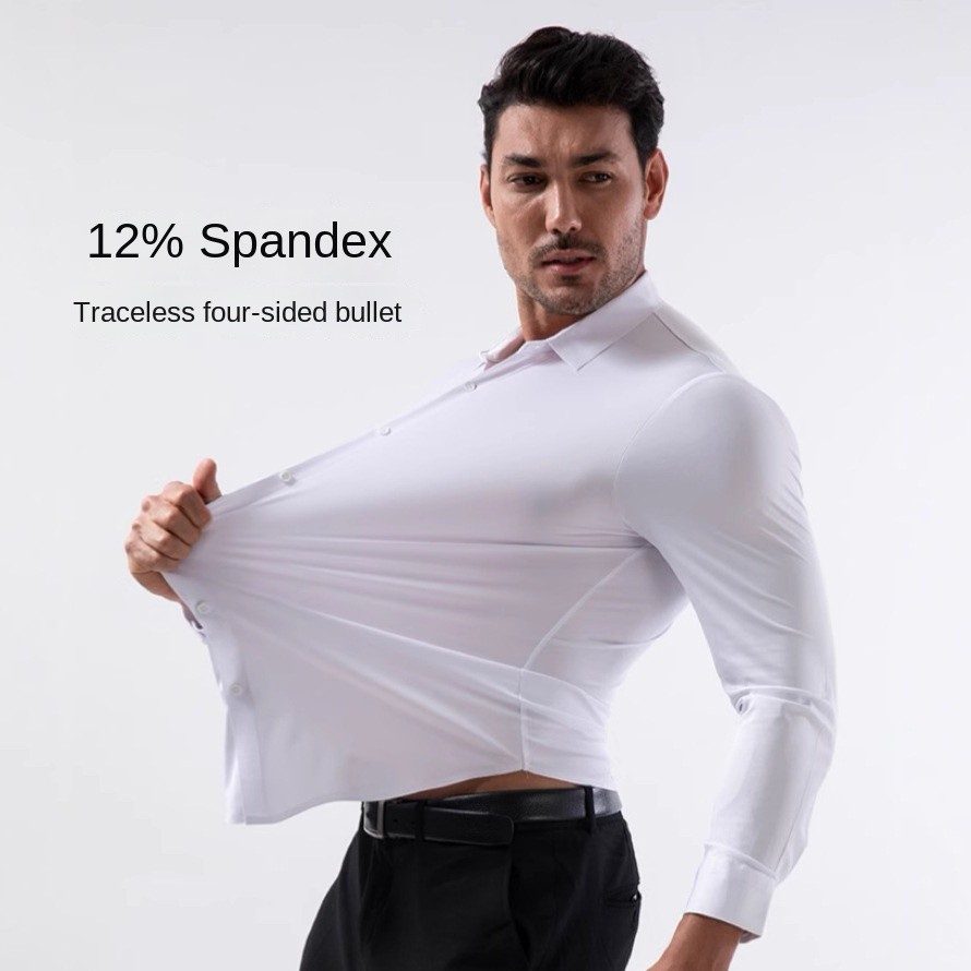 เสื้อเชิ้ตผู้ชายสไตล์ business casual ไม่มีรอยตะเข็บ ยืดหยุ่น 4 ทิศทาง 핏เรียบหรู สำหรับฤดูใบไม้ผลิและฤดูร้อนปี 2025