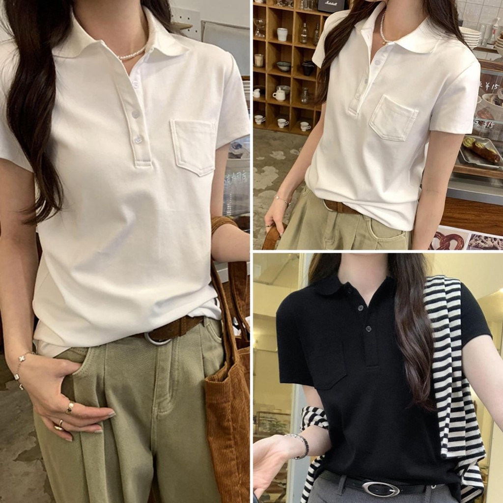 Hotgirl พร้อมส่ง✨เสื้อโปโลเกาหลี เสื้อยืดแฟชั่นผู้หญิง สีพื้น ด้วยปุ่ม สไตล์สลิมฟิต สไตล์เกาหลีเรียบง่าย สวมใส่สบาย