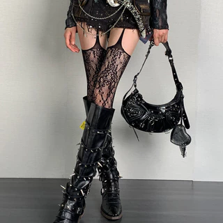 Lolita สาวหวาน Punk สไตล์ดอกไม้ Tights สีสัน สูงต้นขา Sheer FishnetSuspender กางเกงในเข็มขัด