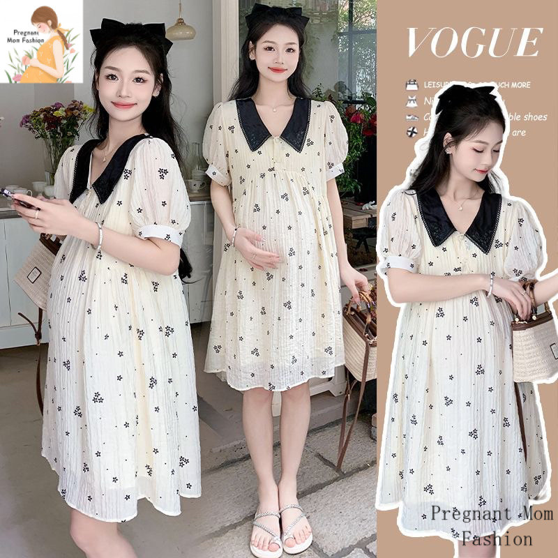 ชุดคลุมท้องลายดอกไม้ เวอร์ชั่นเกาหลี ดีไซน์หลวมกลางยาวสำหรับตั้งครรภ์