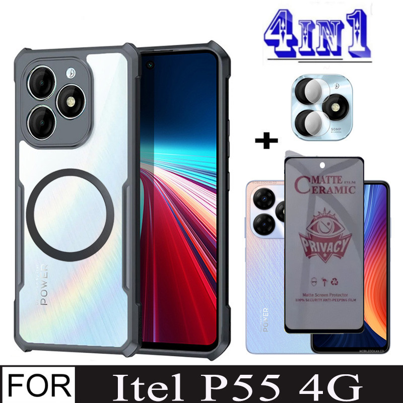 4in1 itel P55 4Gเคสโทรศัพท์กันกระแทกสําหรับItel A50 A70 A60 S23 P65 ฟิล์มกระจกนิรภัย + พร้อมสติกเกอร์ชาร์จไร้สายแม่เหล็ก