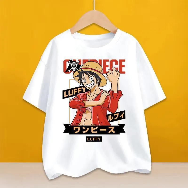 2025 เสื้อยืดเด็กชายวันพีซพร้อมการออกแบบลูฟี่และดาบพิมพ์การ์ตูนเย็นเสื้อแขนสั้นฤดูร้อนสําหรับเด็ก