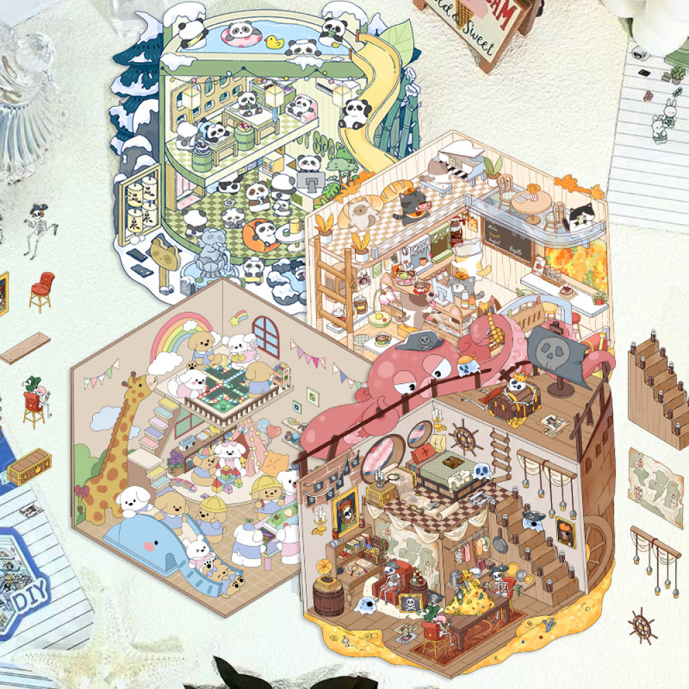 Kowei 3 ชิ้น [Happy Life Series] น่ารัก 3D Journal สติกเกอร์สติกเกอร์กันน้ํากระดาษ Scrapbooking วัสดุสมุดภาพชุด