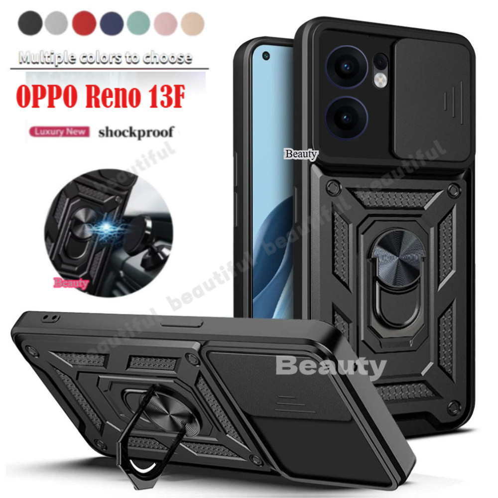 ปลอกสําหรับ OPPO Reno 13 14 12 F Pro 14F Reno13 F Reno13Pro OPPOReno13F 5G 4G เกราะกันกระแทกกรณีสไลด์เลนส์กล้องป้องกันแหวนแม่เหล็กขาตั้งผู้ถือปกหลัง Reno13F 2025