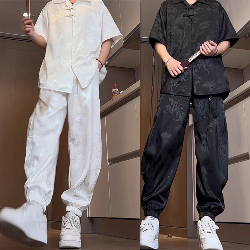 2025 CNY รสสูทมังกรแบบ acetate jacquard กางเกงผ้าไหมน้ำแข็งผู้ชายออกแบบรู้สึกจับคู่ใหม่สไตล์จีนแสงสไตล์จีนกางเกงสีขาวสบายๆ