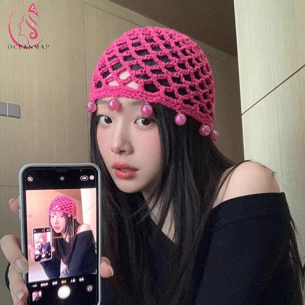 Oceanmap โครเชต์ Hollow Tassels หมวกถัก,รอบลูกปัดสไตล์โบฮีเมียนถัก Beanies, Sweet Hollow Out หมวกสไตล์ชาติพันธุ์บางหมวกเครื่องแต่งกายอุปกรณ์เสริม