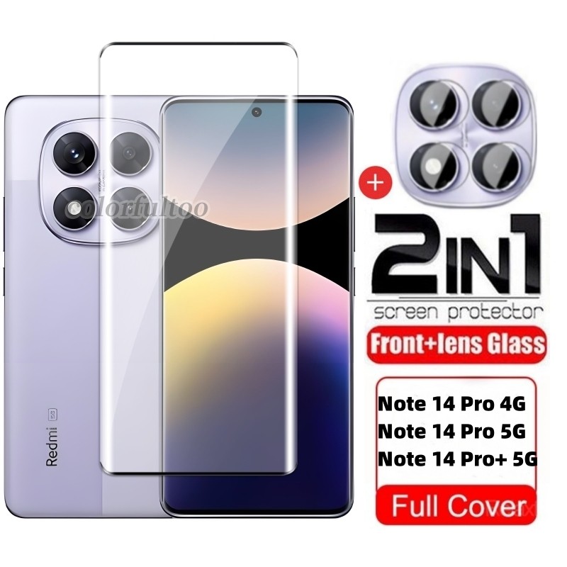 2 IN 1 ป้องกันหน้าจอสําหรับ Xiaomi Redmi หมายเหตุ 15 14 Pro Plus 14Pro + Note14 Note14Pro Note15 4G 5G 9H กระจกนิรภัยป้องกันฟิล์มกล้องเลนส์ป้องกันหน้าจอฟิล์ม