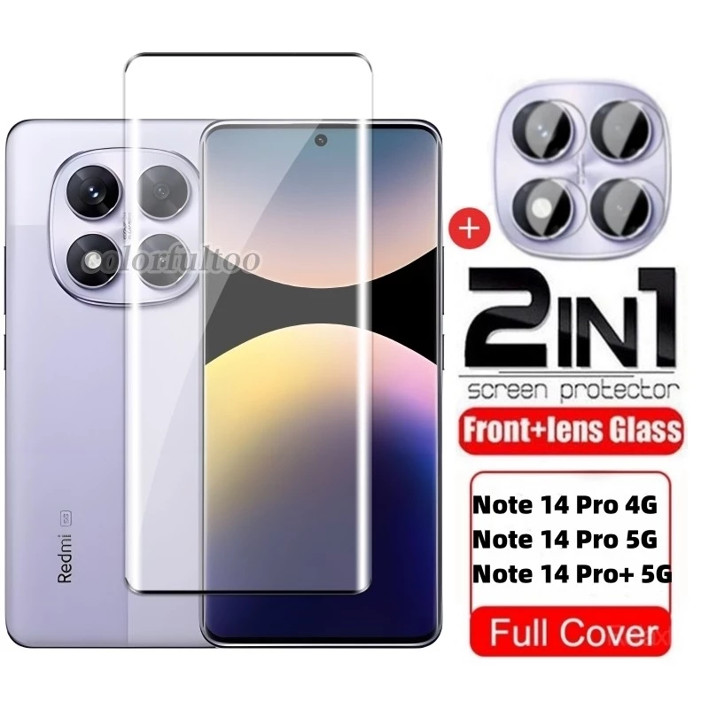 2 IN 1 ป้องกันหน้าจอสําหรับ Xiaomi Redmi หมายเหตุ 15 14 Pro Plus 14Pro + Note14 Note14Pro Note15 4G 5G 9H กระจกนิรภัยป้องกันฟิล์มกล้องเลนส์ป้องกันหน้าจอฟิล์ม