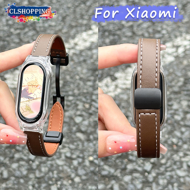 สายหนังหัวเข็มขัดแม่เหล็ก+เคสสําหรับ Xiaomi Mi Band 9 8 nfc 9Pro 8Pro 9 Active,เคสใส + สร้อยข้อมือสายคล้อง 7Pro เปลี่ยนสายรัดข้อมือสมาร์ทวอทช์ Miband 7 6 5 4 3 สายนาฬิกา