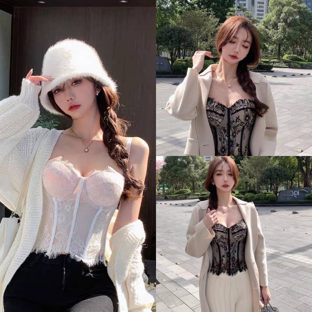พร้อมส่งจากไทย (FYL226) เสื้อสายเดี่ยว มีฟองน้ำ แต้งลูกไม้ เซ็กซี่มากแม่คาวาอี้