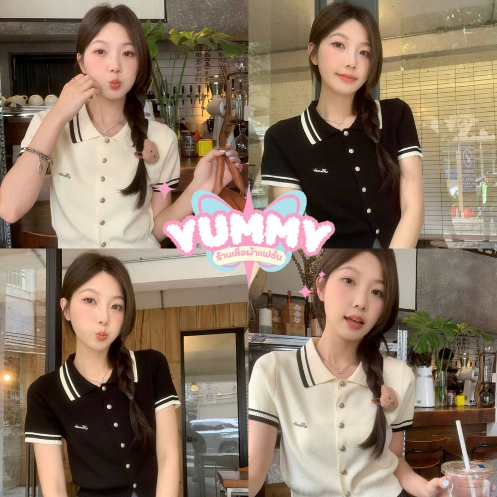 Yummy Shop พร้อมส่ง (59035) เสื้อไหมพรมแขนสั้น ทรงครอป คอปก สีพื้น