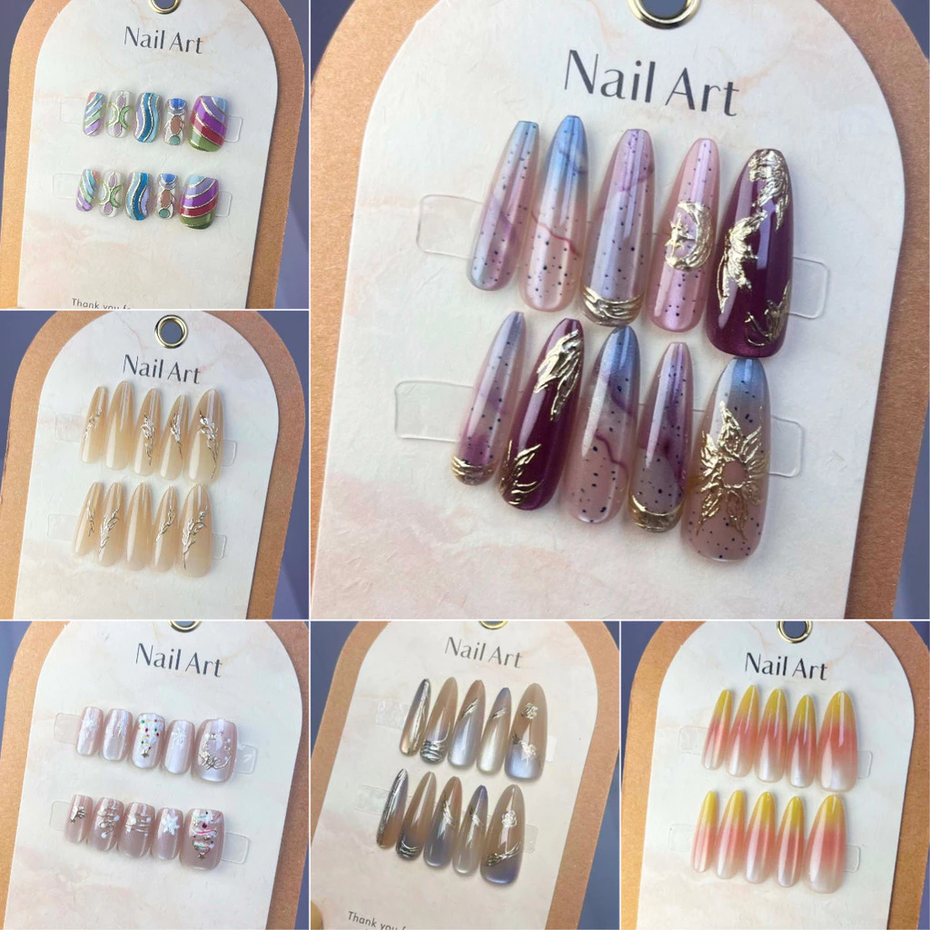 398-43210PCS รูปอัลมอนด์เล็บปลอมชุดต่อเล็บกดบนเล็บ Cat Eye
