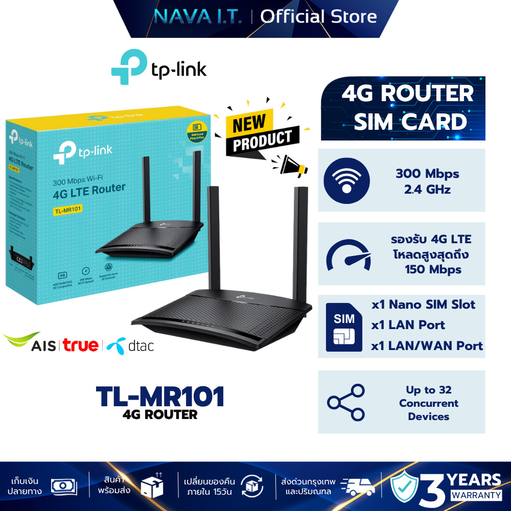 TP-Link TL-MR101 เราเตอร์ใส่ซิม4G 300 Mbps Wireless N 4G LTE Router รับประกัน 3 ปี