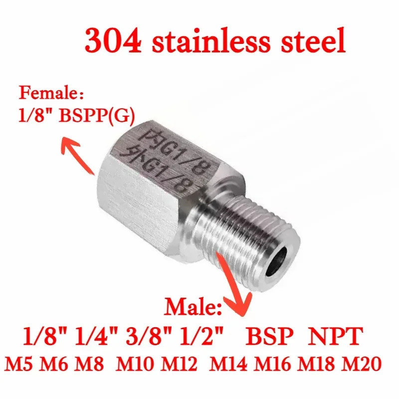 G1/8" หญิง BSP/NPT ชาย Hex อะแดปเตอร์ M10 M12 1/4 "3/8" 304 สแตนเลสลดสําหรับเครื่องวัดความดัน