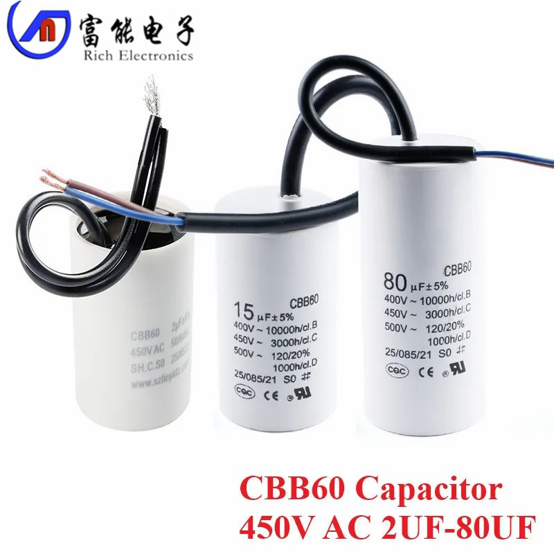 CBB60 ปั๊มน้ําแห้งเครื่องซักผ้าCapacitor 3uf, 4uf, 5uf, 6uf, 8uf, 10uf, 12uf, 16uf, 18uf, 20uf, 25uf