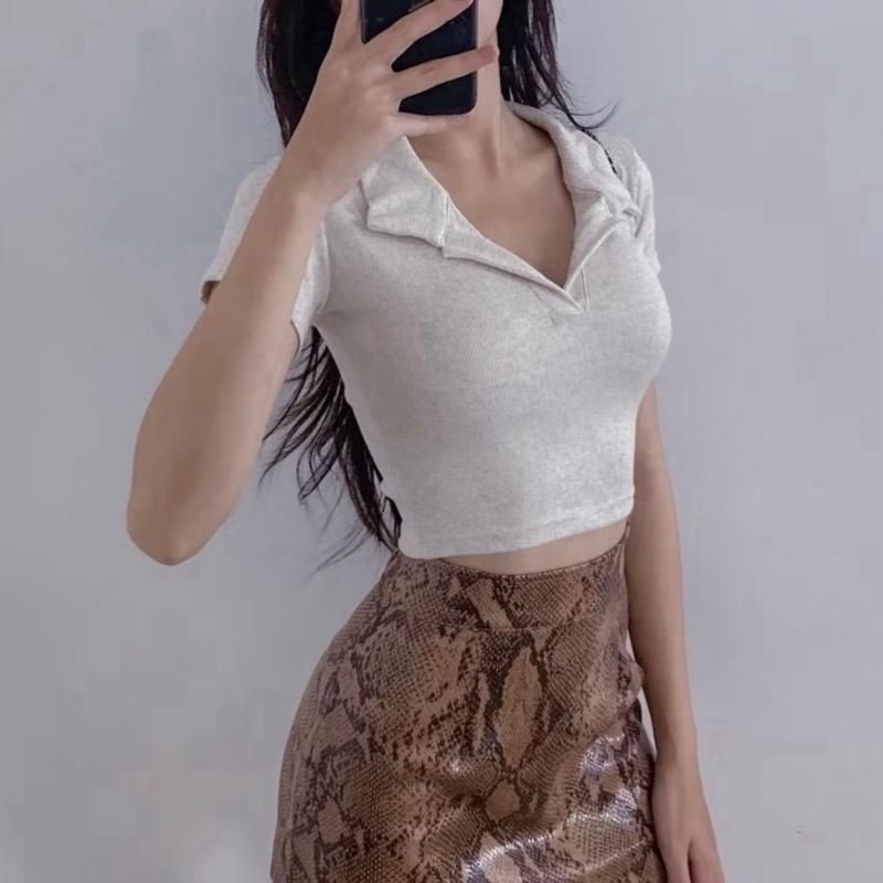 A88 เสื้อยืดผู้หญิงแขนสั้นโครเชต์ Turn-down Collar เสื้อโปโลหลากสี ไซส์ต่ํากว่า 53kg รหัส a88