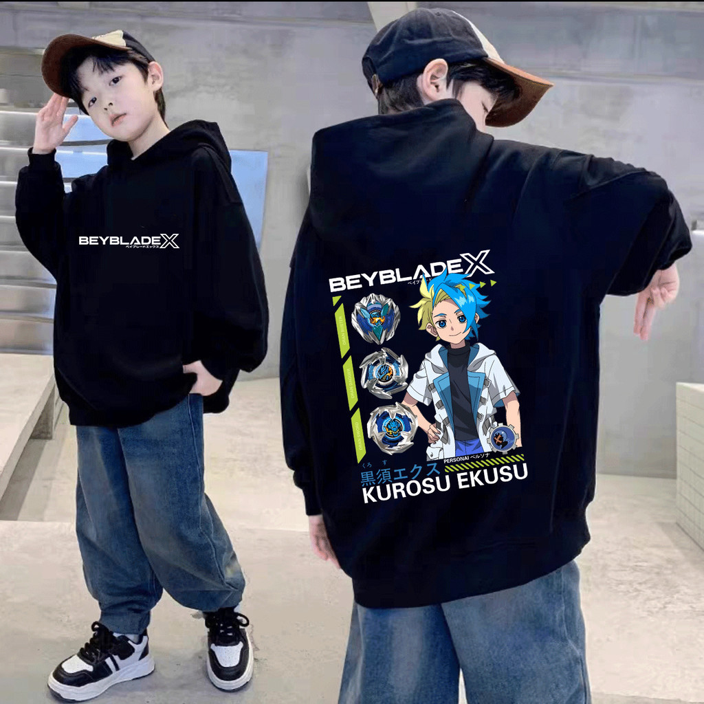 KIDS เด็ก Hoodie Kurosu Ekusu Jaxon Cross Beyblade X Kaos เสื้อฮู้ด ท็อปส์ซูสำหรับเด็ก 120-150