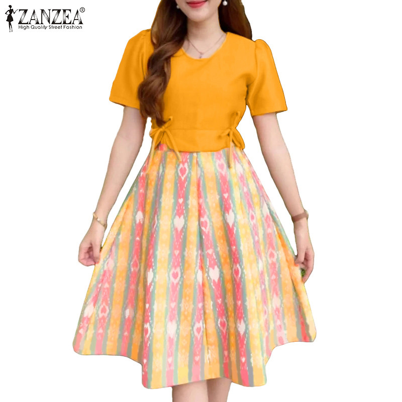 ZANZEA ชุดเดรสคอกลมแขนสั้น พิมพ์ลายสไตล์เกาหลี ไร้เอว ไม่มีกระเป๋า